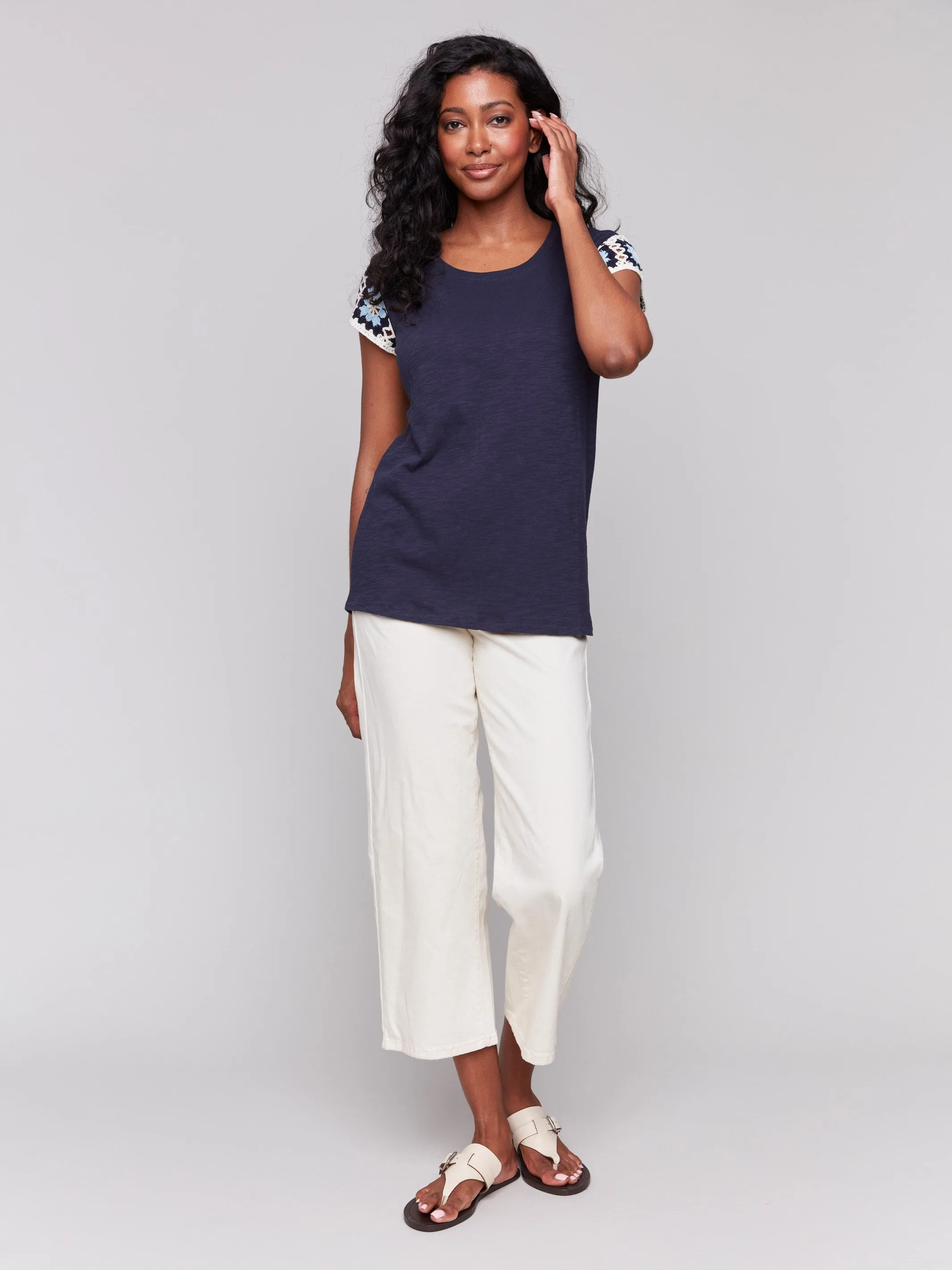 Crochet Cap Sleeve Cotton T-Shirt - Navy