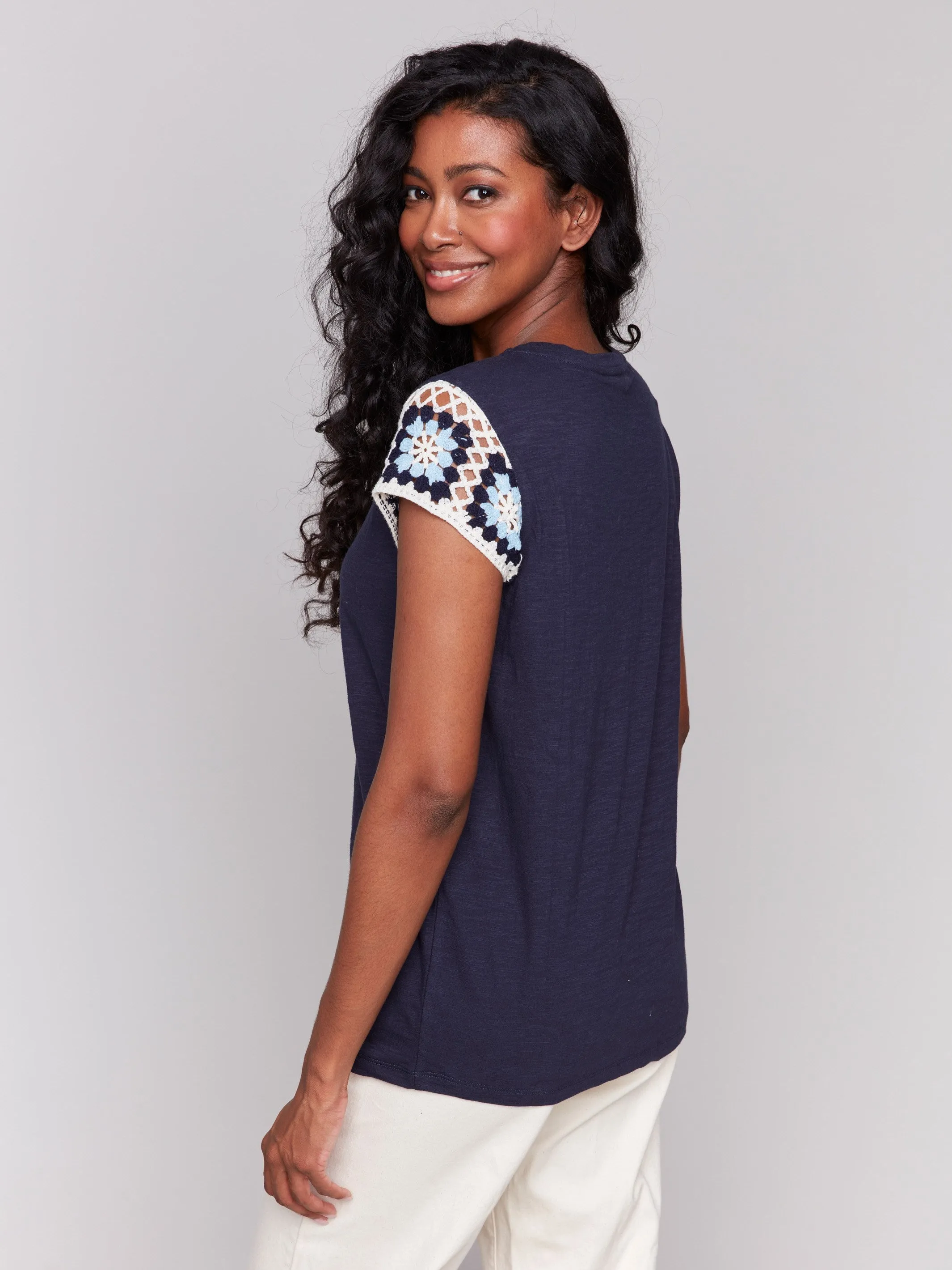 Crochet Cap Sleeve Cotton T-Shirt - Navy
