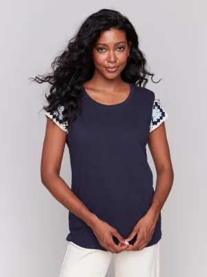 Crochet Cap Sleeve Cotton T-Shirt - Navy
