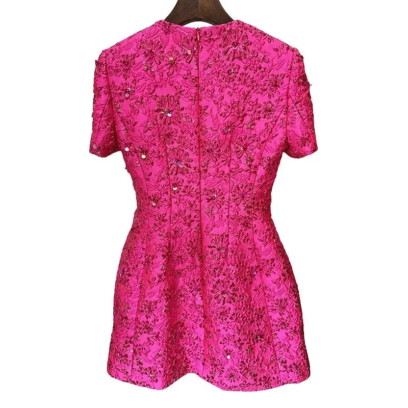 Fashion Runway Fuchsia: Jacquard Handcrafted Beaded Party Dress and Jacket | Semi-Formal Dress, Evening Gown, Wedding Dress