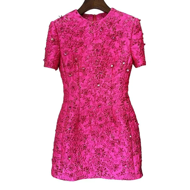 Fashion Runway Fuchsia: Jacquard Handcrafted Beaded Party Dress and Jacket | Semi-Formal Dress, Evening Gown, Wedding Dress