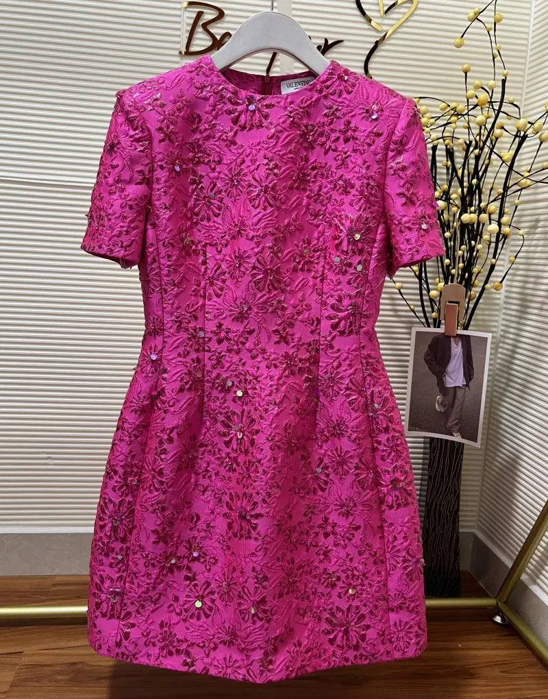 Fashion Runway Fuchsia: Jacquard Handcrafted Beaded Party Dress and Jacket | Semi-Formal Dress, Evening Gown, Wedding Dress