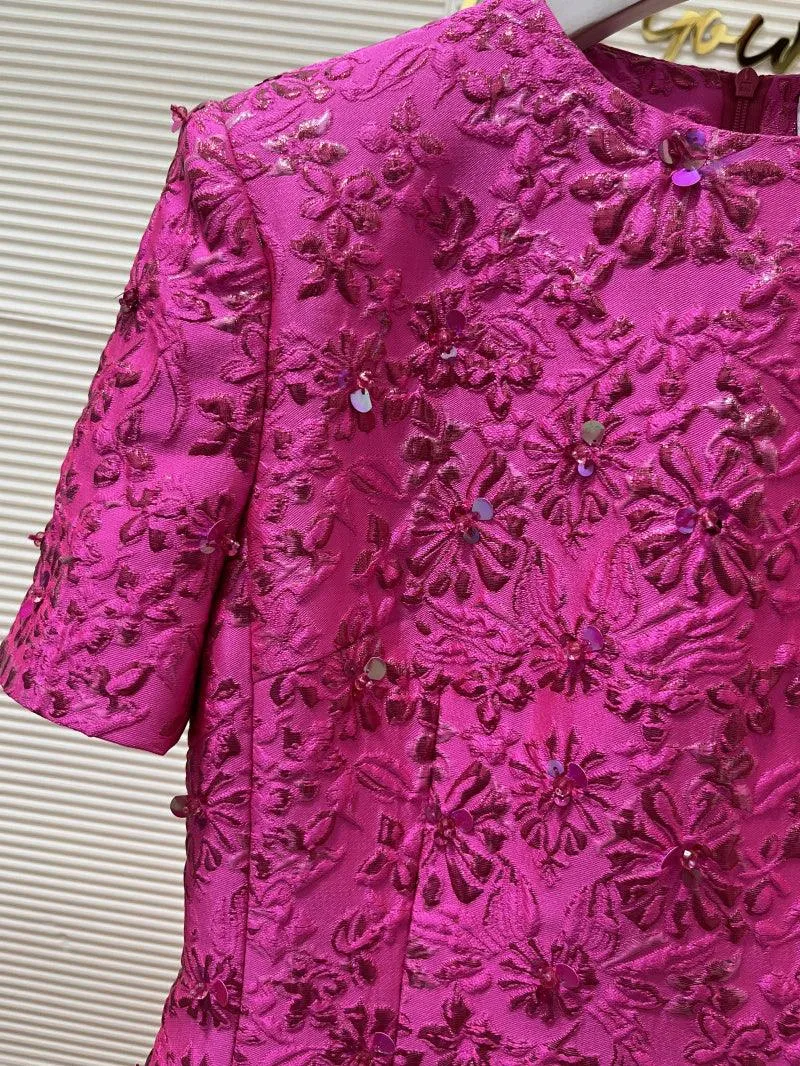 Fashion Runway Fuchsia: Jacquard Handcrafted Beaded Party Dress and Jacket | Semi-Formal Dress, Evening Gown, Wedding Dress