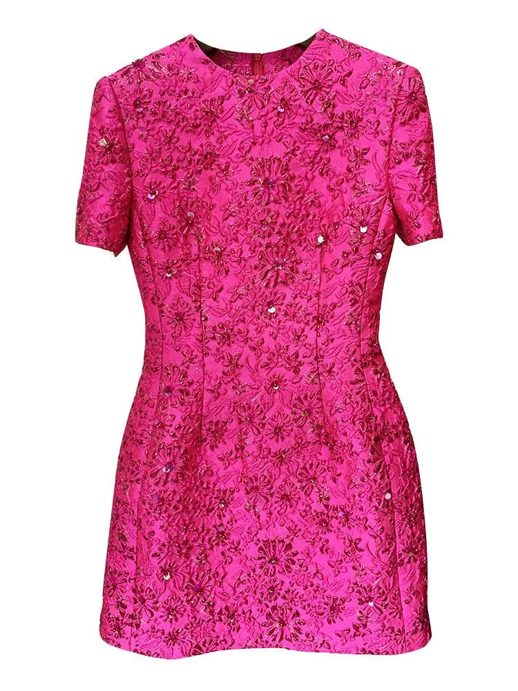 Fashion Runway Fuchsia: Jacquard Handcrafted Beaded Party Dress and Jacket | Semi-Formal Dress, Evening Gown, Wedding Dress