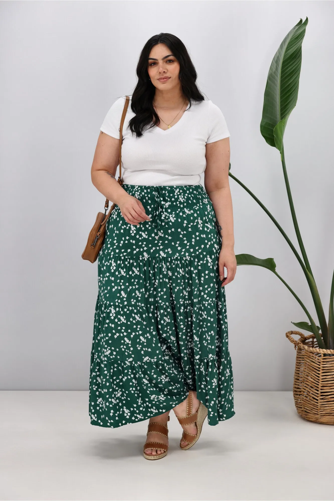 New U Collection Green White Print Maxi Skirt
