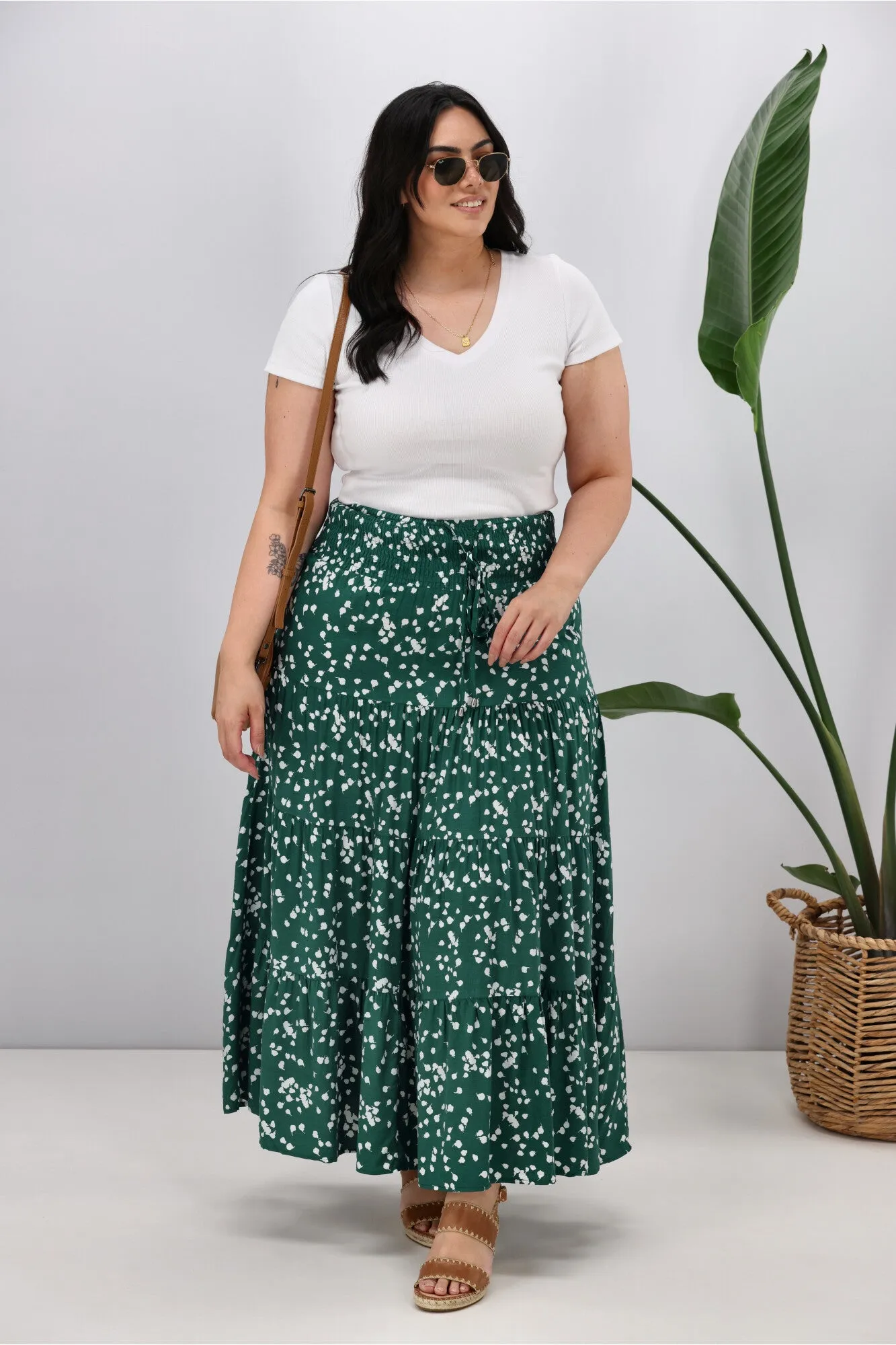 New U Collection Green White Print Maxi Skirt