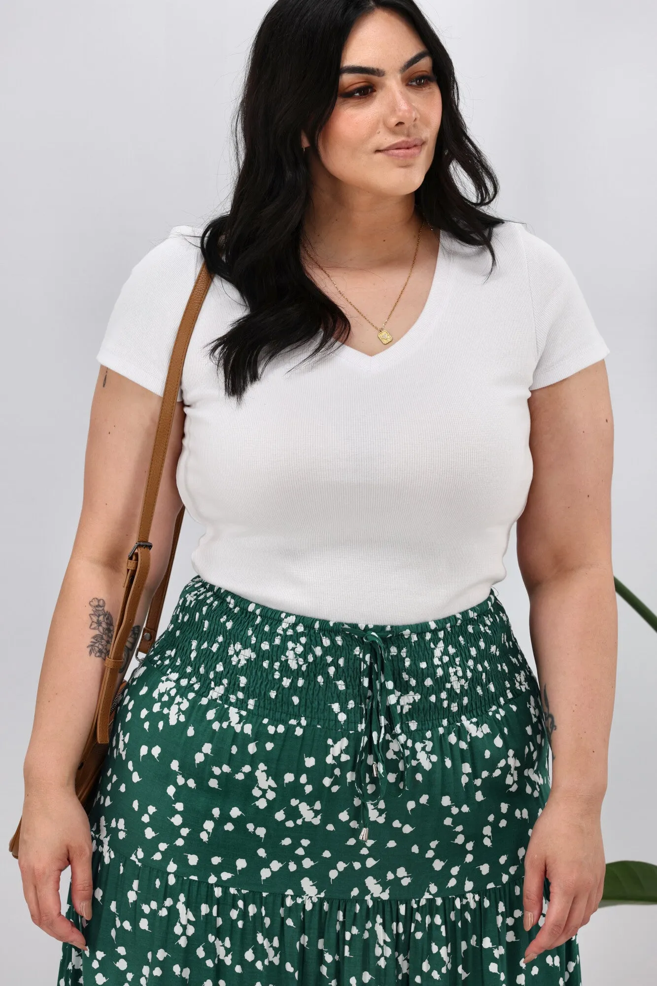 New U Collection Green White Print Maxi Skirt