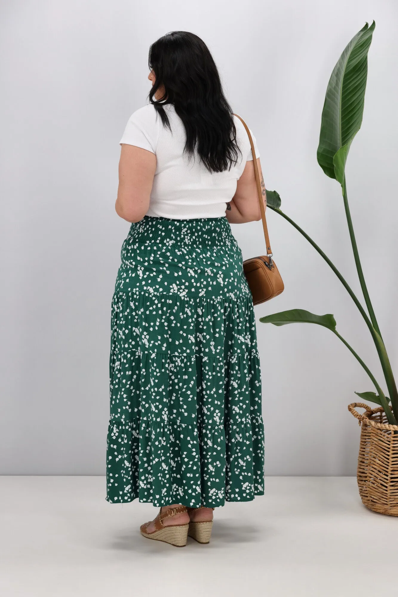 New U Collection Green White Print Maxi Skirt