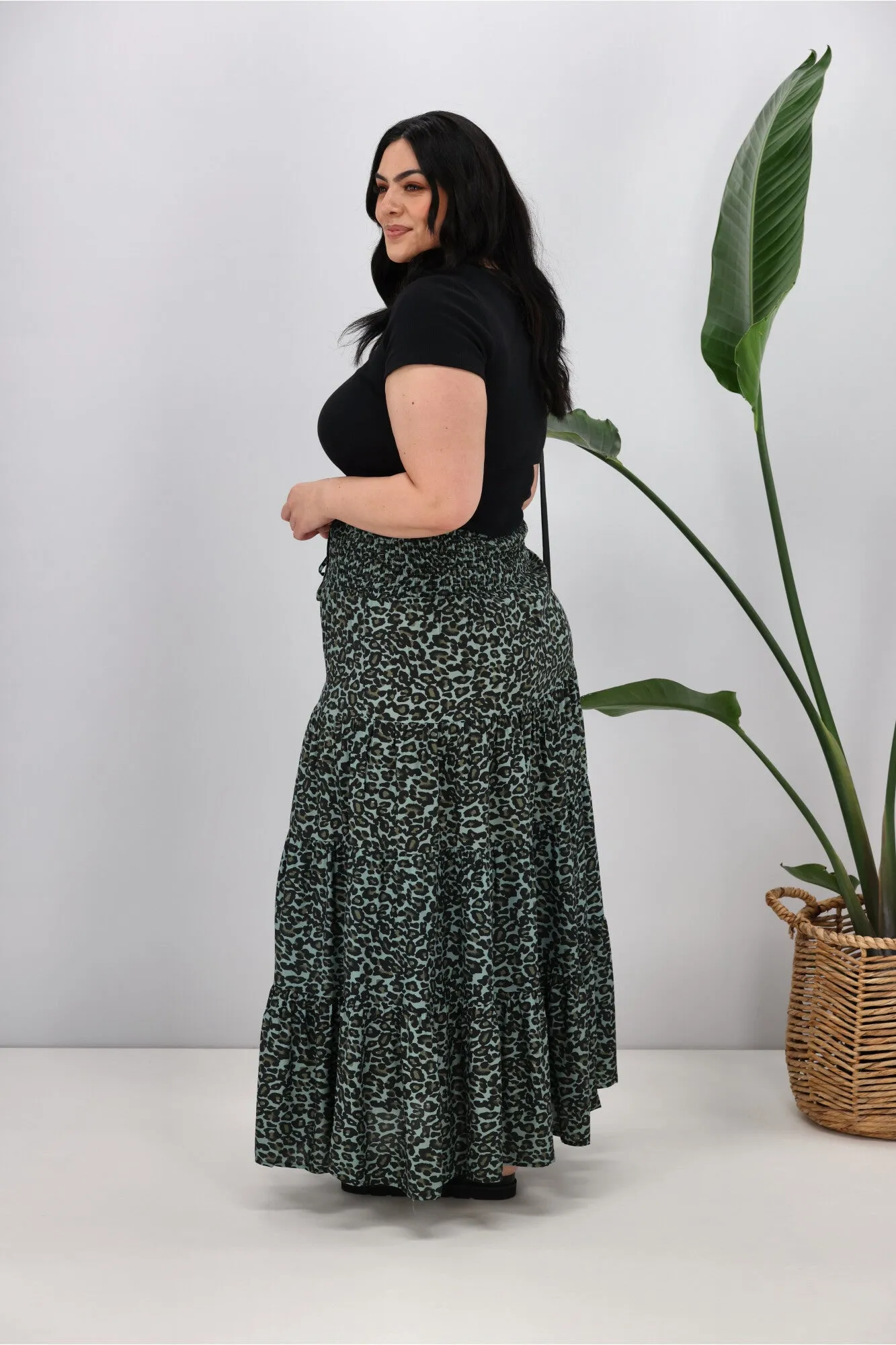 New U Collection Leopard Green Maxi Skirt