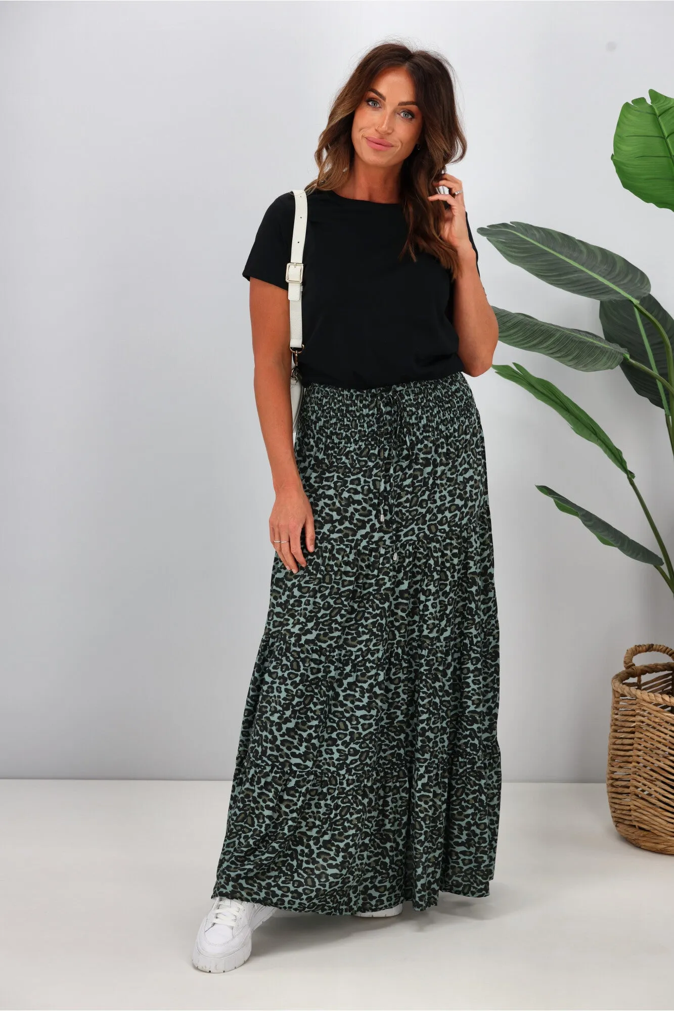 New U Collection Leopard Green Maxi Skirt