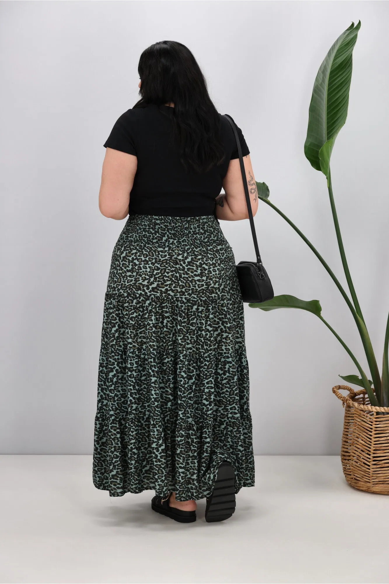 New U Collection Leopard Green Maxi Skirt