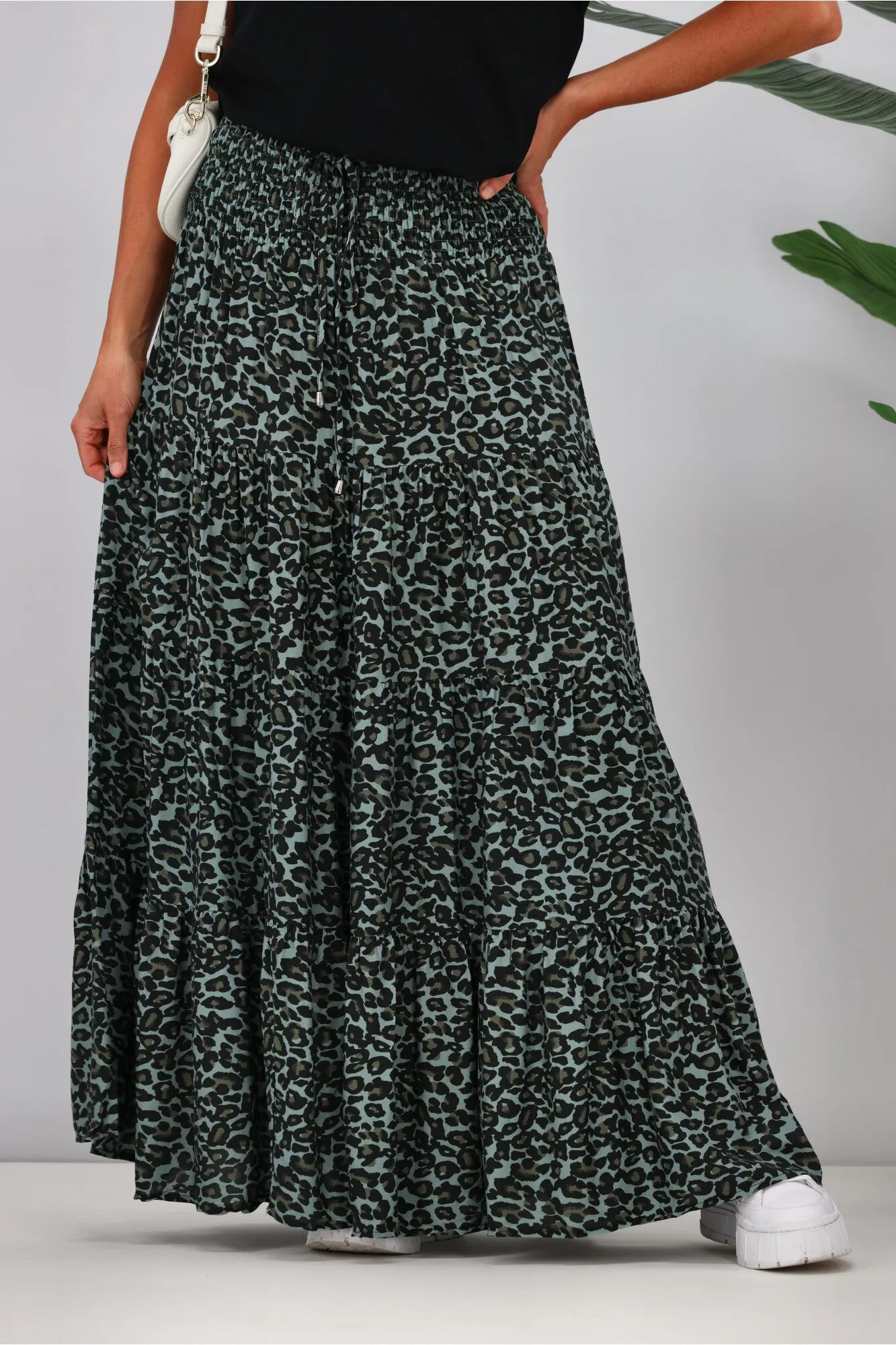 New U Collection Leopard Green Maxi Skirt