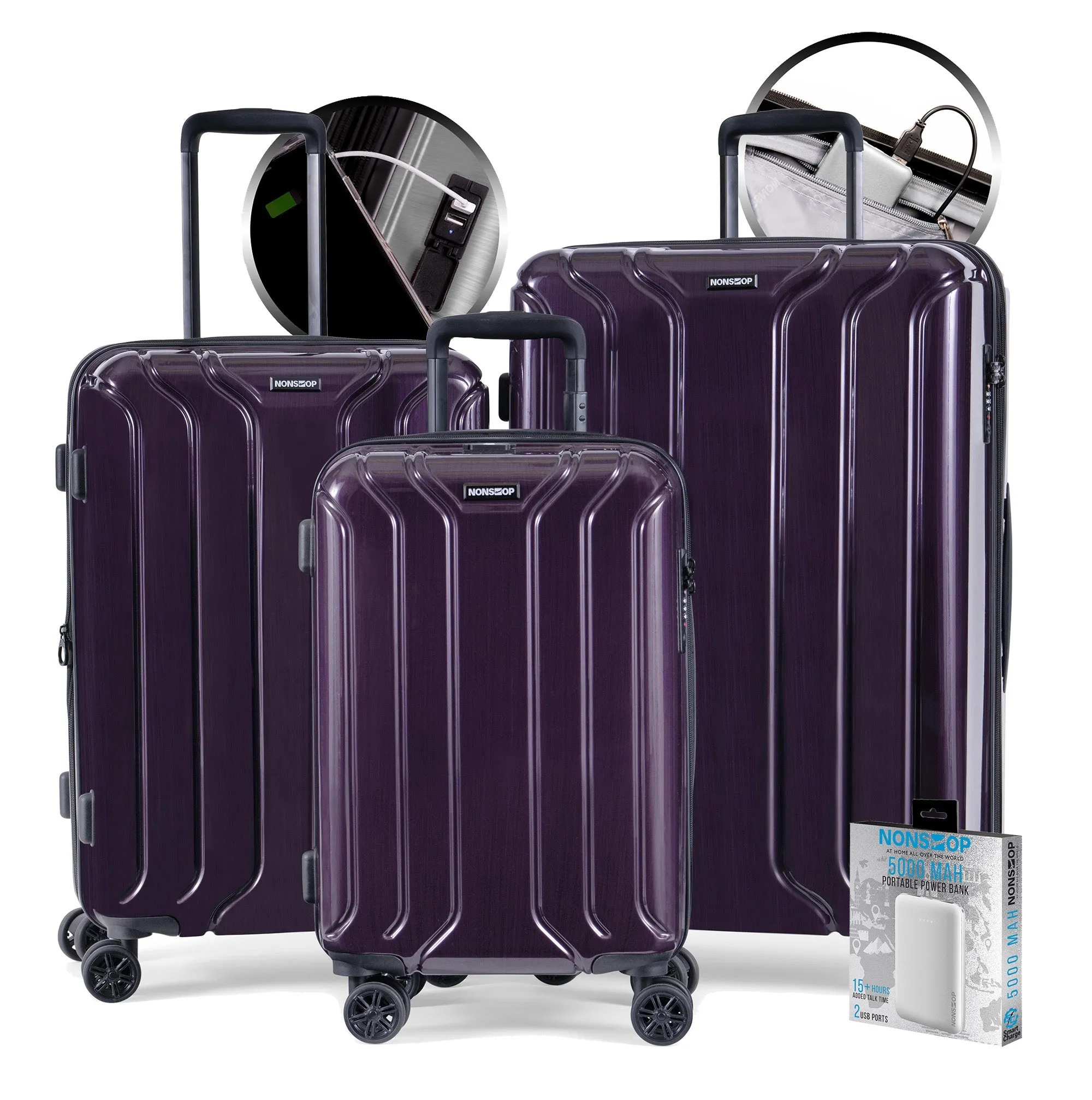 NONSTOP New York Elite 3-Piece Expandable Spinner Luggage Set with Powerbank & 3-Piece Packing Cube Set