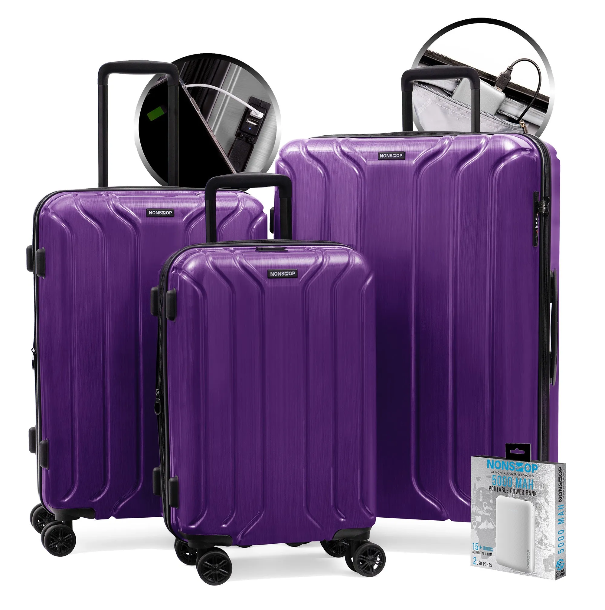 NONSTOP New York Elite 3-Piece Expandable Spinner Luggage Set with Powerbank & 3-Piece Packing Cube Set
