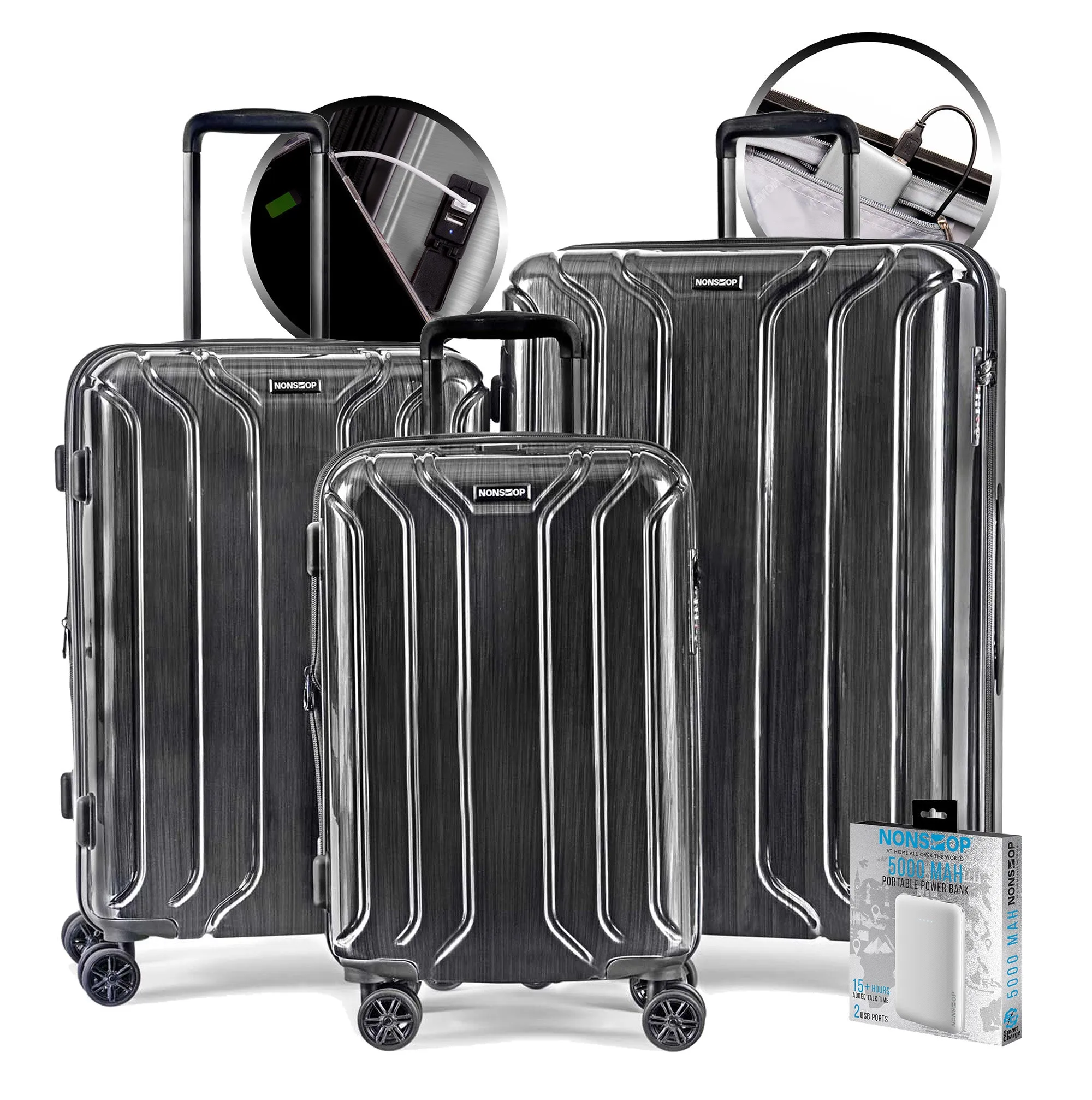 NONSTOP New York Elite 3-Piece Expandable Spinner Luggage Set with Powerbank & 3-Piece Packing Cube Set