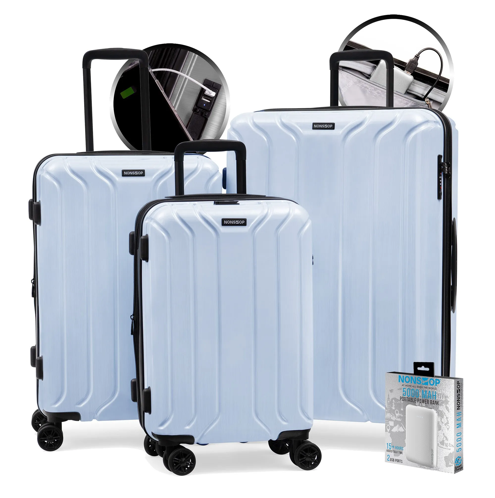 NONSTOP New York Elite 3-Piece Expandable Spinner Luggage Set with Powerbank & 3-Piece Packing Cube Set