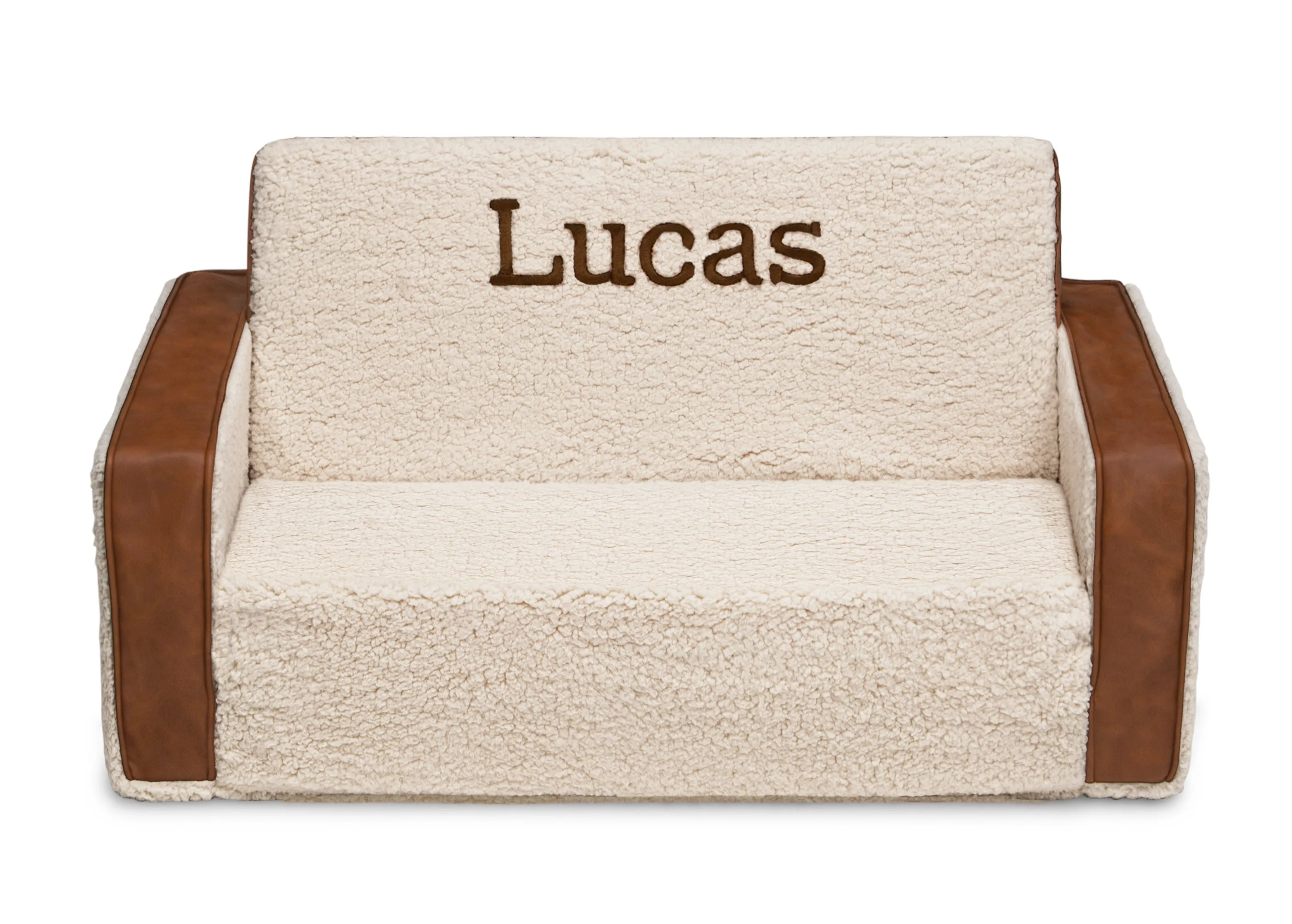 Personalized Cozee Flip-Out Sherpa  and Leather 2-in-1 Convertible Sofa to Lounger for Kids