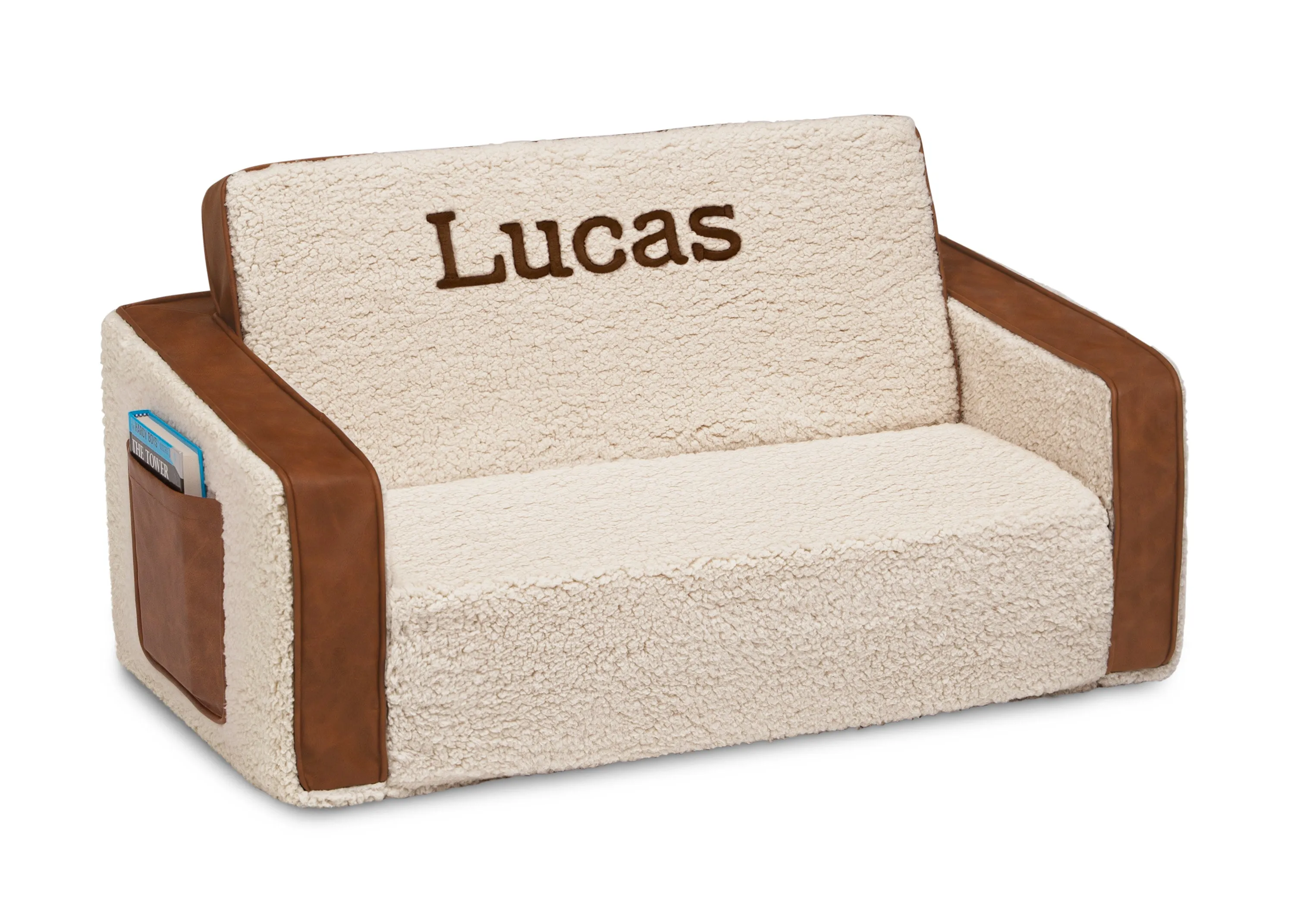Personalized Cozee Flip-Out Sherpa  and Leather 2-in-1 Convertible Sofa to Lounger for Kids