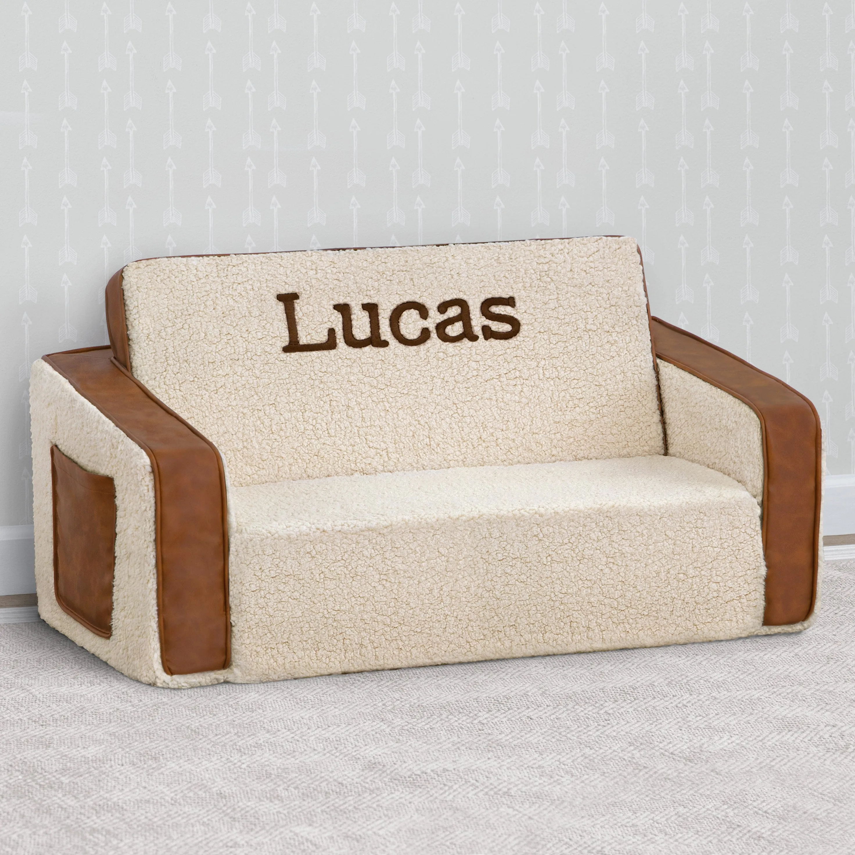 Personalized Cozee Flip-Out Sherpa  and Leather 2-in-1 Convertible Sofa to Lounger for Kids